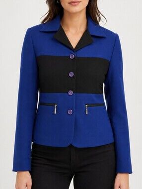 Vintage Colorblock Donna Collezioni  Blue Black  Zip Pocket Blazer Jacket Size M